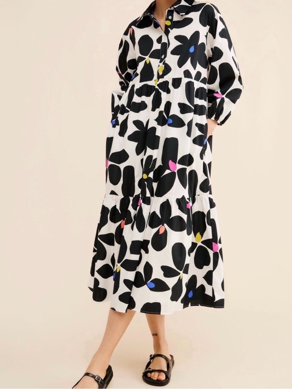 Maeve Black & White Floral Tiered Shirt Maxi Dress with Colorful Accents